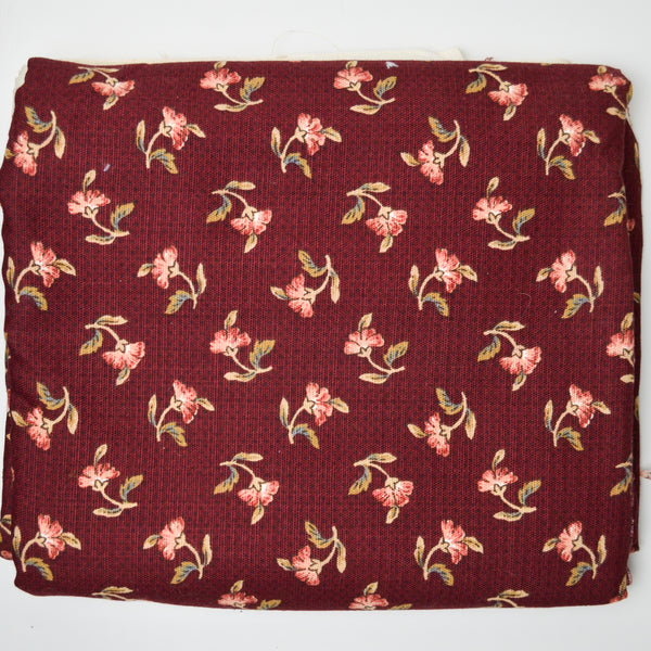 Maroon + Pink Floral Print Woven Upholstery Fabric - 50" x 208"