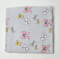 Gray, Pink + Yellow Bow Print Stretchy Knit Fabric - 64" x 70"