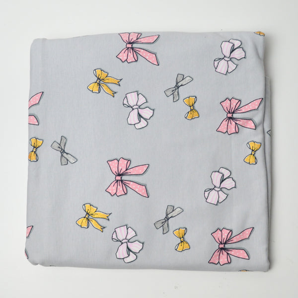 Gray, Pink + Yellow Bow Print Stretchy Knit Fabric - 64" x 70"