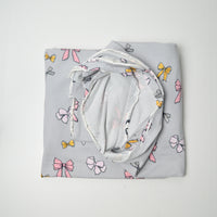 Gray, Pink + Yellow Bow Print Stretchy Knit Fabric - 64" x 70"