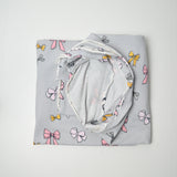 Gray, Pink + Yellow Bow Print Stretchy Knit Fabric - 64" x 70"