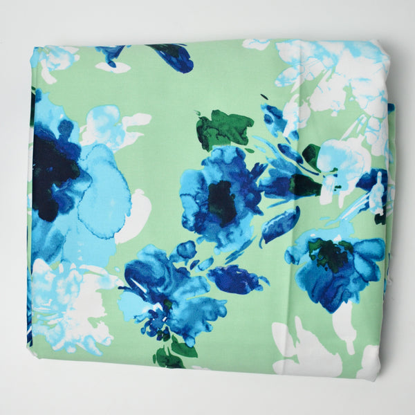 Green + Blue Watercolor Floral Print Stretch Woven Fabric - 60" x 120"