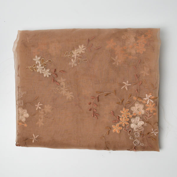 Brown Sheer Organza Fabric with Brown Floral Embroidery - 52" x 76"