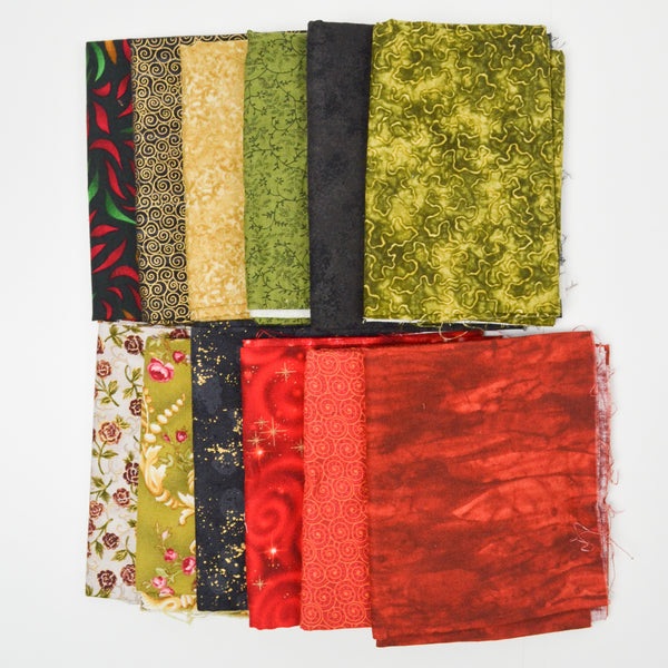 Red, Green + Gold Accent Print Quilting Weight Woven Fabric Bundle