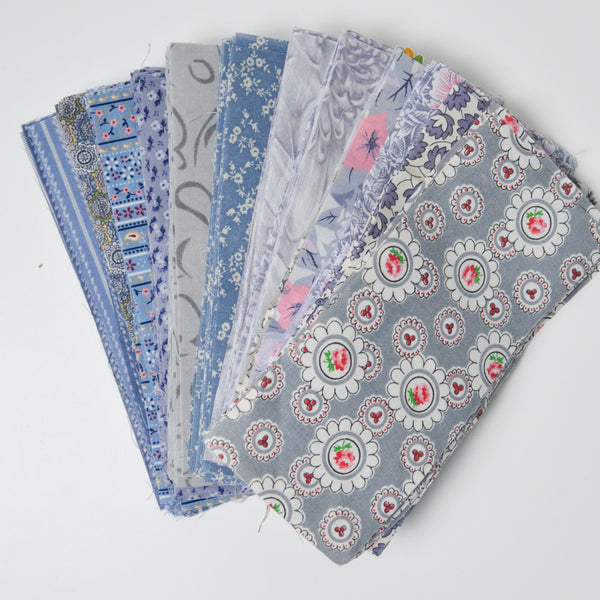 Gray + Blue Floral Print 3" x 7" Rectangles Cut Quilting Fabric Bundle