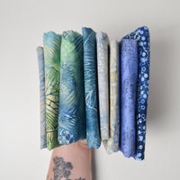 Blue + Green Resist Dyed Leaf Print Woven Fabric Bundle