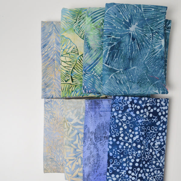 Blue + Green Resist Dyed Leaf Print Woven Fabric Bundle