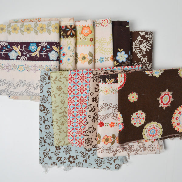 Brown, White + Green Floral Print Quilting Weight Woven Fabric Bundle
