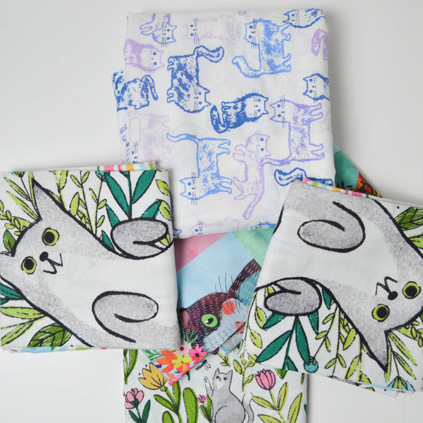 Illustrated Cat Print Woven Fabric Bundle