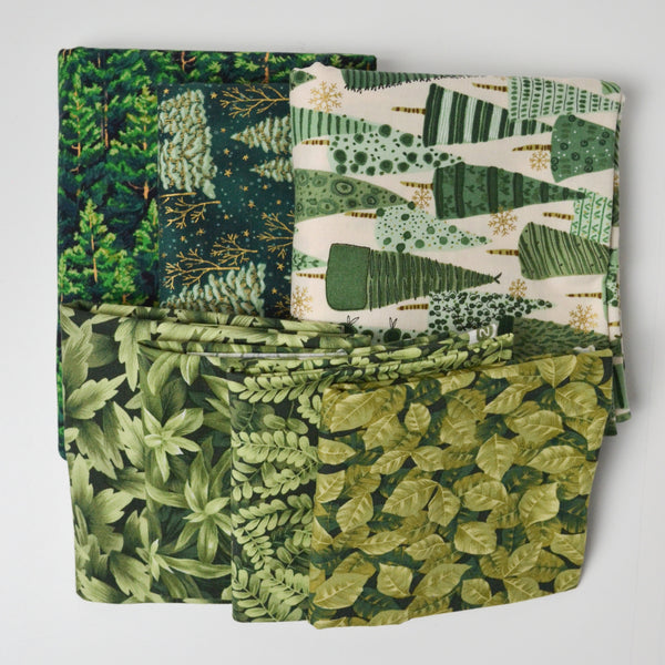 Green Leaf + Tree Print Quilting Weight Woven Fabric Bundle