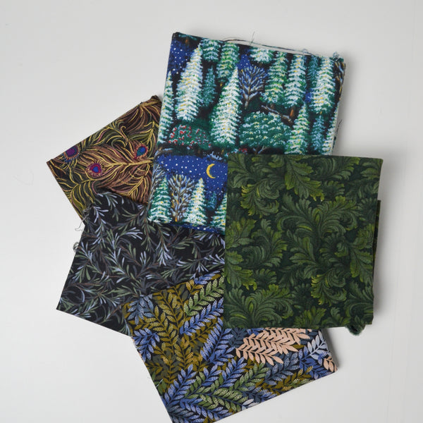Dark Green + Purple Nature Print Quilting Weight Woven Fabric Bundle