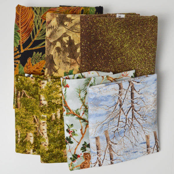 Brown + Green Tree Print Quilting Weight Woven Fabric Bundle