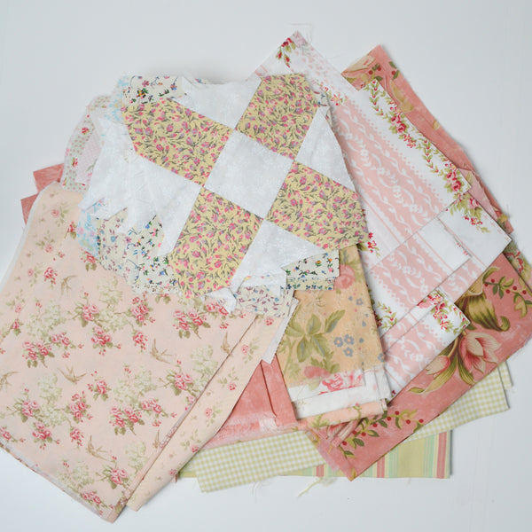 Pastel Pink + Green Floral Quilting Weight Fabric Bundle - Partially Pieced