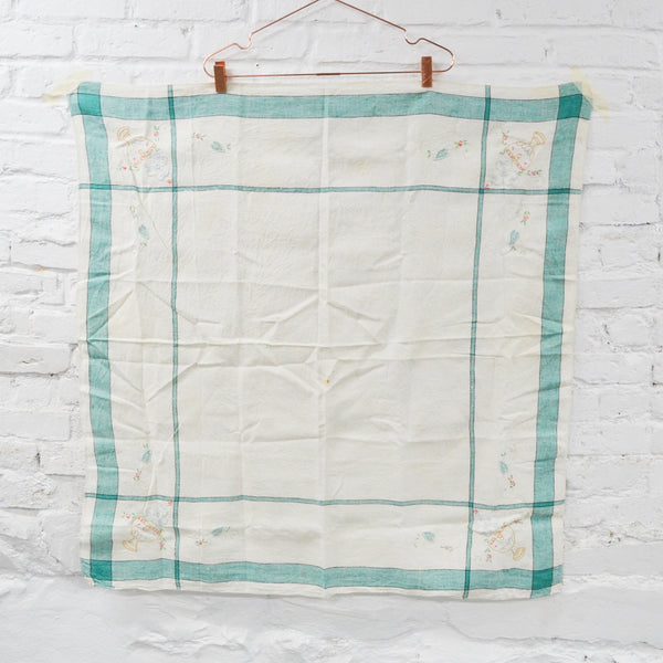 Green + White Embroidered Tablecloth - 36" x 36"