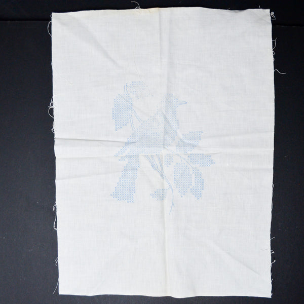 White Linen Panel, Stamped with Cross Stitch Bird for Embroidery