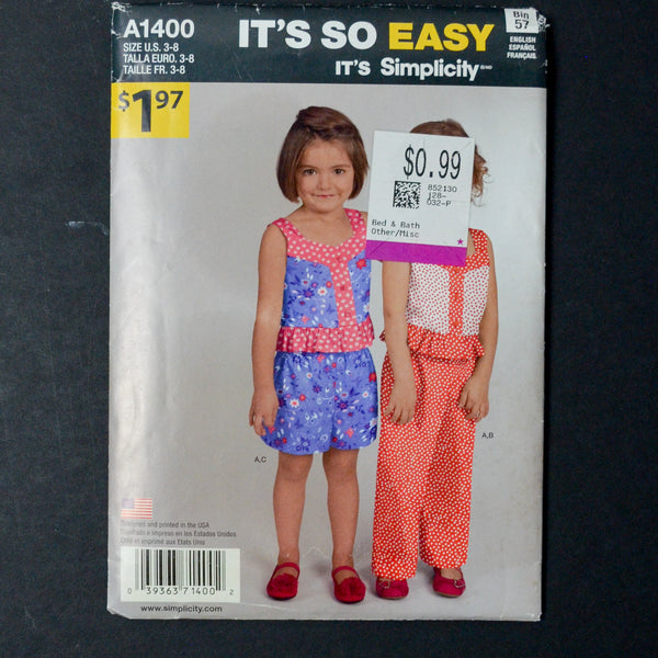 Simplicity A1400 Child's Top, Pants, or Shorts Sewing Pattern - Size 3-8