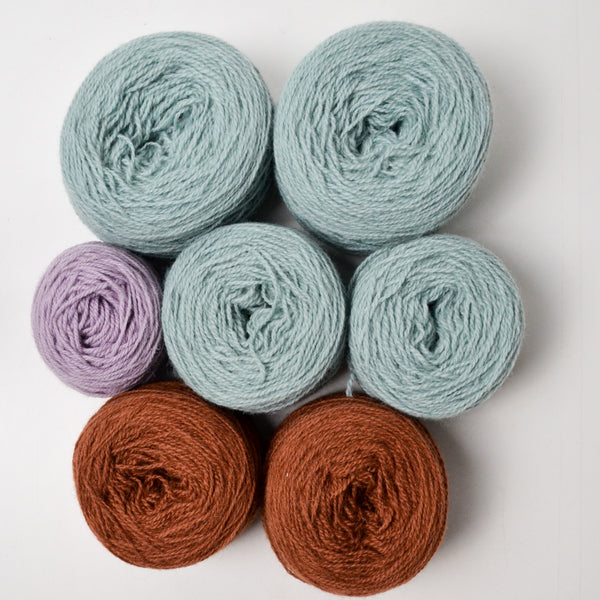 Light Teal, Russet Brown + Light Purple Wool Rug Yarn - 7 Cakes