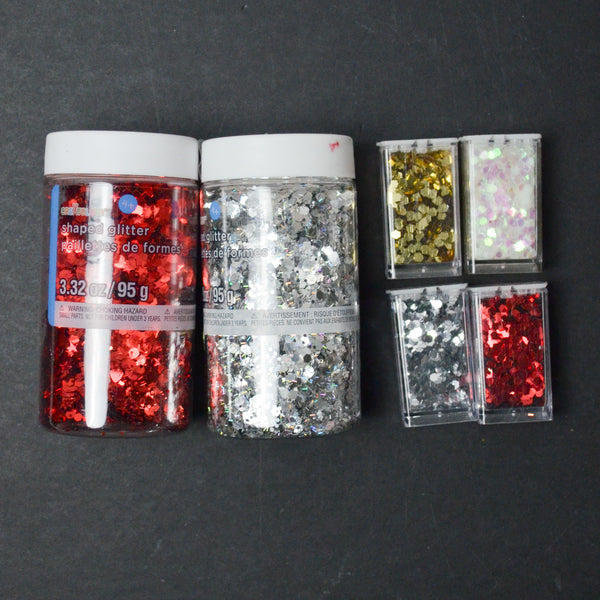 Red, Silver + Gold Chunky and Shaped Glitter - 6 Jars