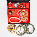 Vintage Jewelry Bundle in Bird Embroidered Jewelry Box - Brooches, Bangles, Earrings + Bracelets