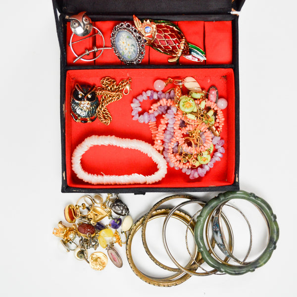 Vintage Jewelry Bundle in Bird Embroidered Jewelry Box - Brooches, Bangles, Earrings + Bracelets
