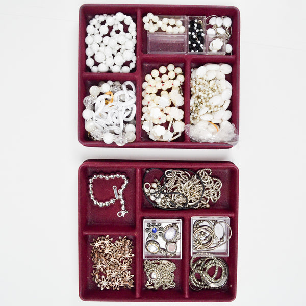 White + Silver Tone Charms + Costume Jewelry Bundle in Organizing Tray