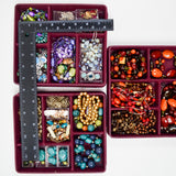 Red, Orange, Purple + Blue Beaded Costume Jewelry Bundle in Organizing Tray
