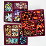 Red, Orange, Purple + Blue Beaded Costume Jewelry Bundle in Organizing Tray