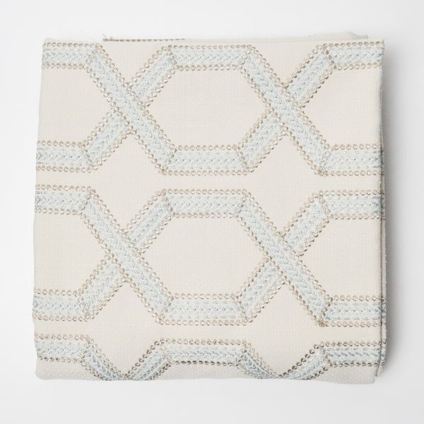 Blue + Brown Embroidered Beige Upholstery Fabric - 40" x 60"