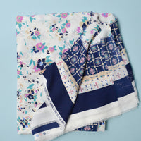 Blue + Purple Floral Double Border Polyester Crepe Fabric - 52" x 92"