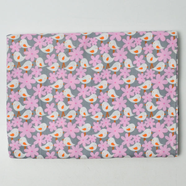 Gray, Pink + Orange Bird Print Quilting Weight Woven Fabric - 44" x 94"