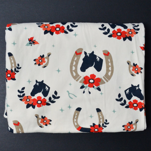 Horse + Floral Horseshoe Print Organic Cotton Jersey Knit Fabric - 42" x 70" (Stained near edge)