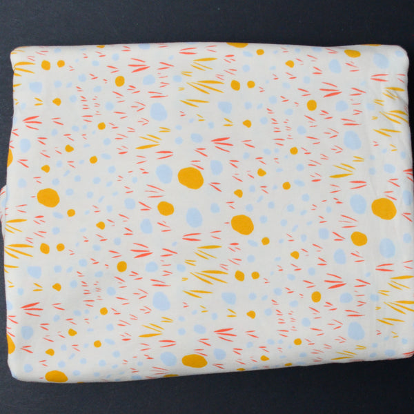 Cream + Blue, Yellow and Pink Print Cotton Spandex Jersey Knit Fabric - 44" x 108"