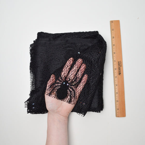 Sheer Black Spiders with Sequin Eyes Lace Fabric - 60" x 68"