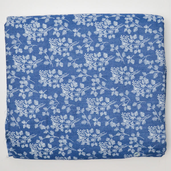 Blue + White Floral Chambray Cotton Woven Fabric - 60" x 128"