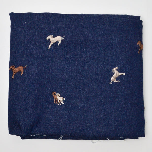 Embroidered Horses Dark Blue Denim Fabric - 48" x 50"