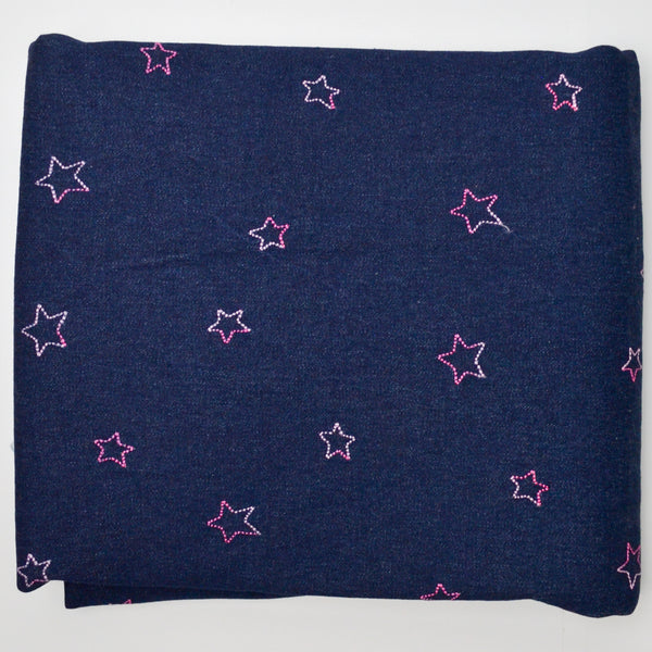 Embroidered Pink Stars Dark Blue Denim Fabric - 48" x 72"