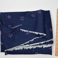 Embroidered Pink Stars Dark Blue Denim Fabric - 48" x 72"