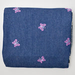 Embroidered Pink Butterflies Dark Blue Denim Fabric - 60" x 74"