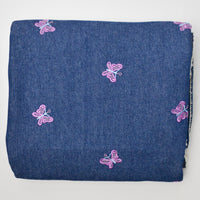 Embroidered Pink Butterflies Dark Blue Denim Fabric - 60" x 74"