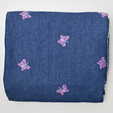 Embroidered Pink Butterflies Dark Blue Denim Fabric - 60" x 74"