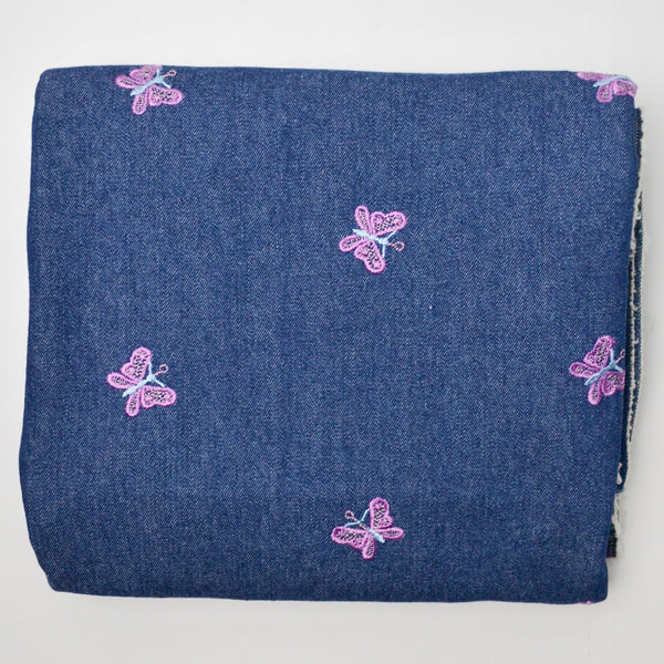 Embroidered Pink Butterflies Dark Blue Denim Fabric - 60" x 74"