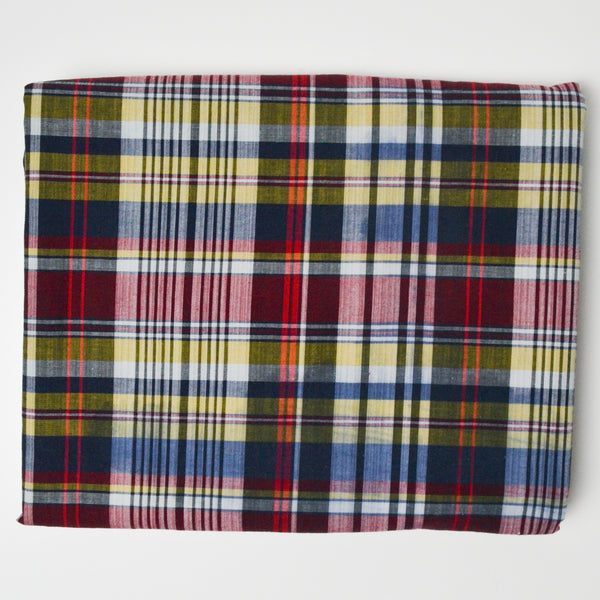 Navy Blue, Red, + Yellow Plaid Woven Shirting Fabric - 46" x 114"