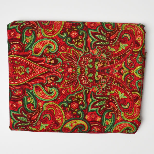 Red, Green + Gold Paisley Print Quilting Weight Woven Fabric - 42" x 78"
