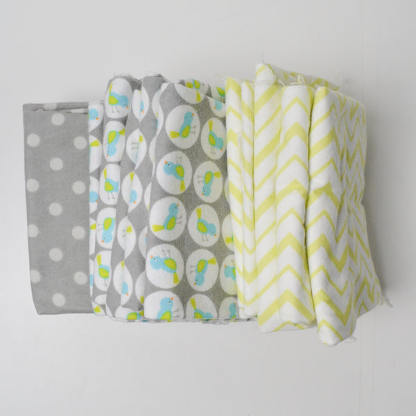 Gray, White + Lime Green Patterned Flannel Fabric Bundle