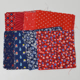 Red, Blue + White Floral + Paw Print Cut Quilting Weight Fabric Bundle - 5" Squares