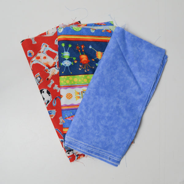 Blue + Red Dogs + Aliens Illustration Print Cut Quilting Fabric Bundle - 10" x 10" Pieces