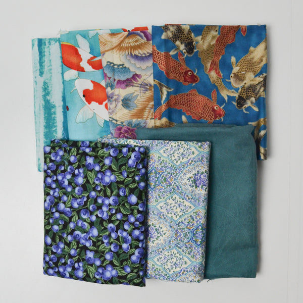 Blue + Teal Fish + Flower Print Quilting Weight Woven Fabric Bundle