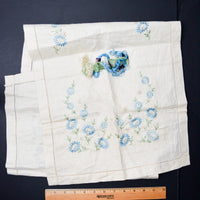 Blue Floral Linen Table Runner, Stamped for Embroidery - Half Complete