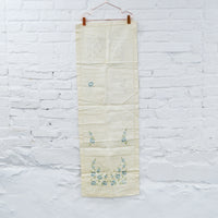 Blue Floral Linen Table Runner, Stamped for Embroidery - Half Complete