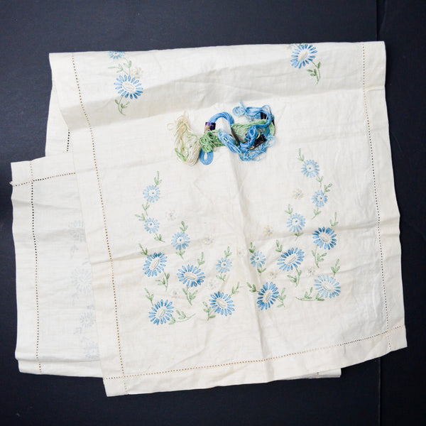Blue Floral Linen Table Runner, Stamped for Embroidery - Half Complete